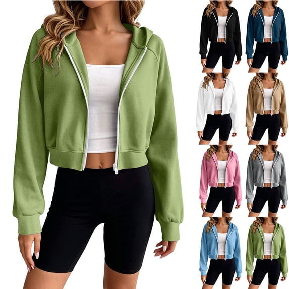 Chiccall Womens Cropped Zip Up Hoodie Jacket, Raglan Long Sleeve Oversized Solid Open Front Casual Crop Sweatshirt Coat