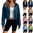thumbnail image 1 of Chiccall Womens Cropped Zip Up Hoodie Jacket, Raglan Long Sleeve Oversized Solid Open Front Casual Crop Sweatshirt Coat, 1 of 10