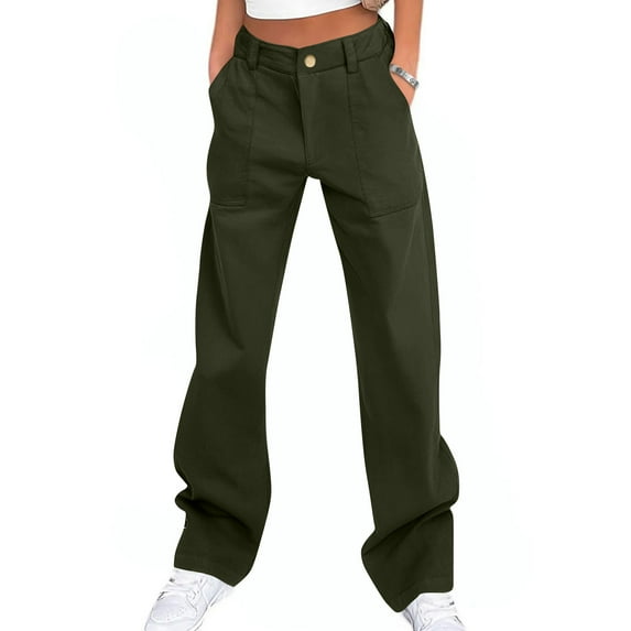 Chiccall Womens Cargo Pants Elastic Waist Straight Leg 4 Pockets Pants Fall Trendy Casual Loose Button Zipper Hip-hop Streetwear