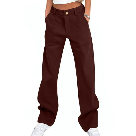 Chiccall Womens Cargo Pants Elastic Waist Straight Leg 4 Pockets Pants Fall Trendy Casual Loose Button Zipper Hip-hop Streetwear