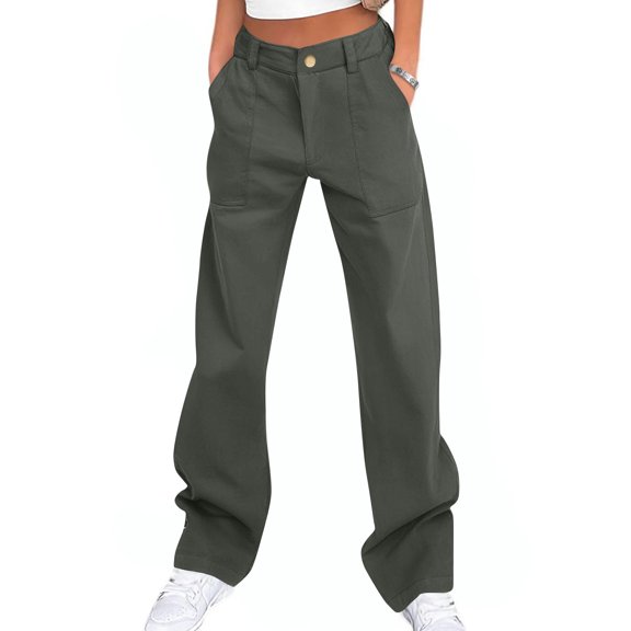 Chiccall Womens Cargo Pants Elastic Waist Straight Leg 4 Pockets Pants Fall Trendy Casual Loose Button Zipper Hip-hop Streetwear