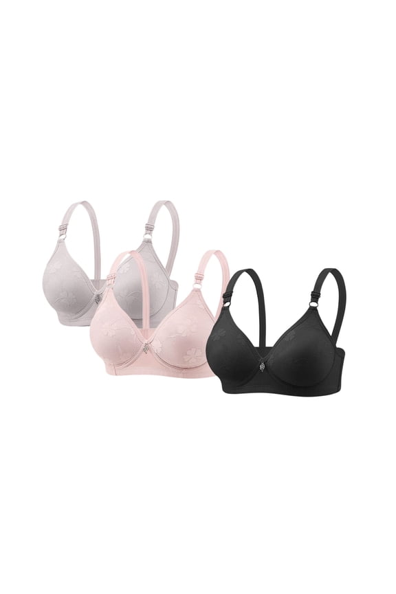 Womens Everyday Bras 3 Pack V Subtle Floral Emboss Cup Center Adjustable Push Up Thin Straps Multi Solid Tone Supportive No Underwire Full Cup Tshirt Bras 3 PC