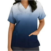 Chiccall Womens Fall Tops Medical Nursing Uniform Stretch Ombre Print V-neck Short Sleeve Blouse T Shirt Scrub Tops with Pocket,on Clearance