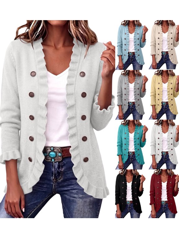 Womens Fall Winter Cardigan Sweaters Open Front Ruffle Long Sleeve Button Down Casual Knit Sweater Jackets for Women White S