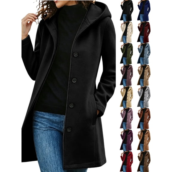 Chiccall Womens Fall Winter Hooded Wool Coats Long Sleeve Button Down Mid-Length Overcoat Midi Peacoat Trench Coats