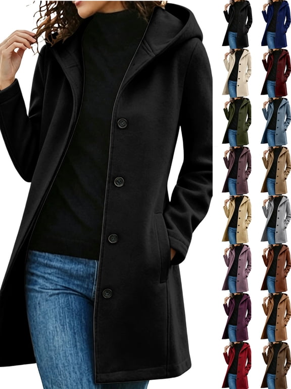 Womens Fall Winter Hooded Wool Coats Long Sleeve Button Down Mid-Length Overcoat Midi Peacoat Trench Coats