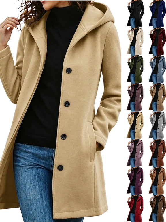 Womens Fall Winter Hooded Wool Coats Long Sleeve Button Down Mid-Length Overcoat Midi Peacoat Trench Coats