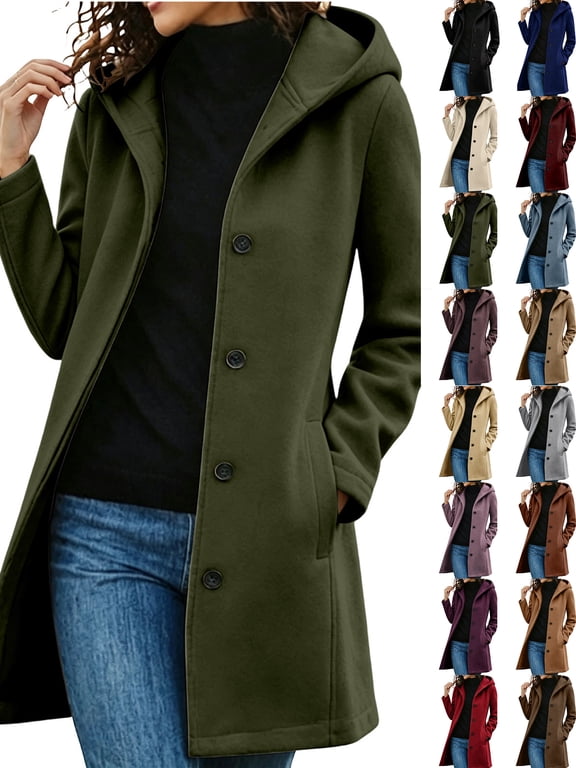 Womens Fall Winter Hooded Wool Coats Long Sleeve Button Down Mid-Length Overcoat Midi Peacoat Trench Coats