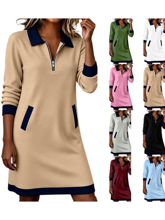 Womens Fall Winter Zipper Sweatshirt Dress Long Sleeve Loose Casual Pullover Midi Tshirt Dress with Pockets