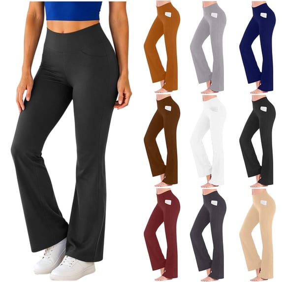 Chiccall Womens Flare Leggings with Pockets Seamless Workout Yoga Pants Bottoms High Waist Stretch Tummy Control Athletic Casual Trousers Black M