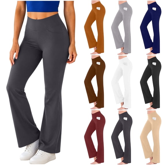 Chiccall Womens Flare Leggings with Pockets Seamless Workout Yoga Pants Bottoms High Waist Stretch Tummy Control Athletic Casual Trousers Dark Gray S