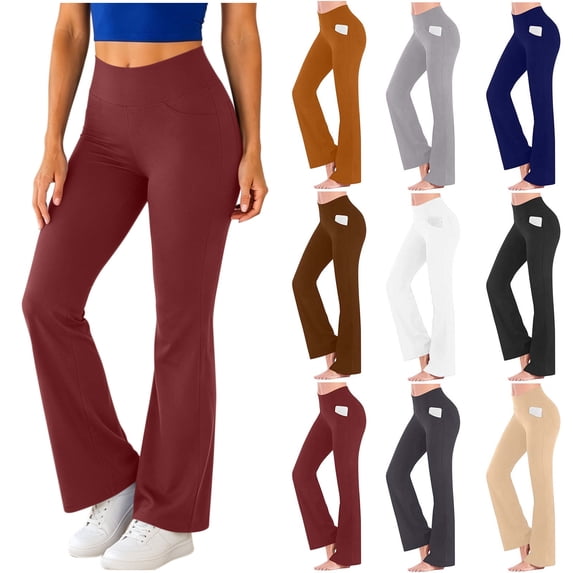Chiccall Womens Flare Leggings with Pockets Seamless Workout Yoga Pants Bottoms High Waist Stretch Tummy Control Athletic Casual Trousers Wine 2XL