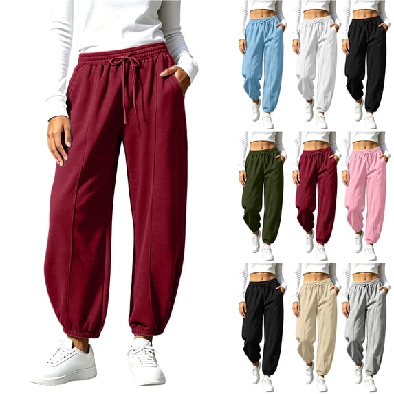 Chiccall Womens Fleece Lined Barrel Jogger Sweatpants High Elastic Drawstring Pants with Side Pockets Solid Athleisure Trousers