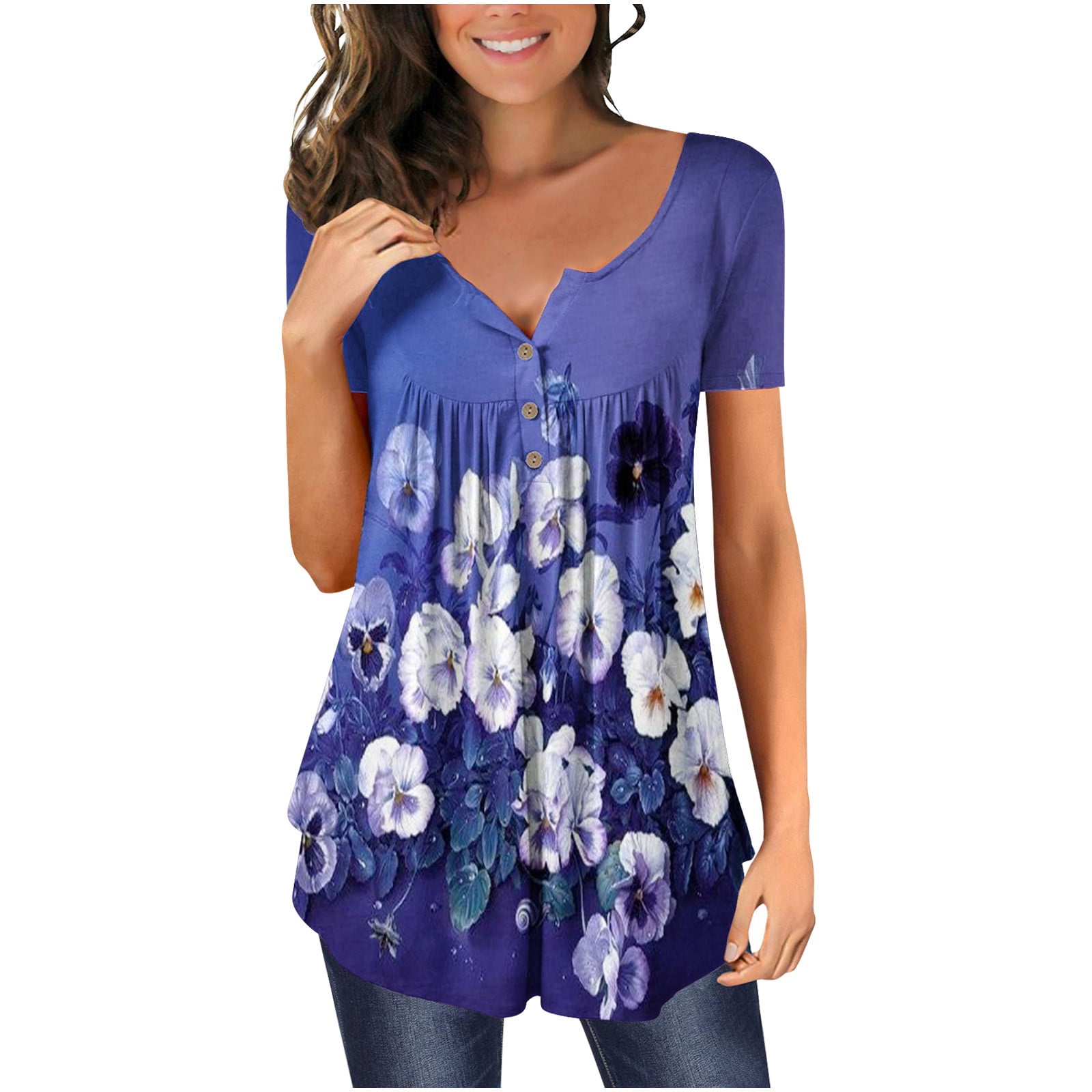 Chiccall Womens Floral Tops Casual V Neck Buttons Short Sleeve Tunic ...