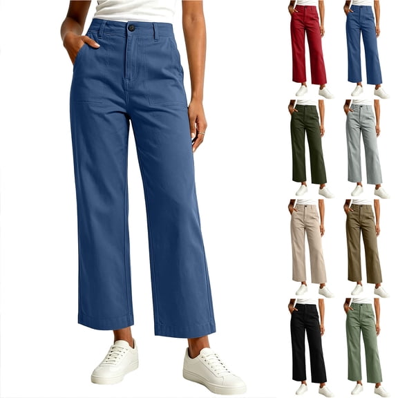 Chiccall Womens High Waist Cropped Wide Leg Pants, Button Front Patch Pocket Straight Leg Casual Trousers with Elastic Back Waist
