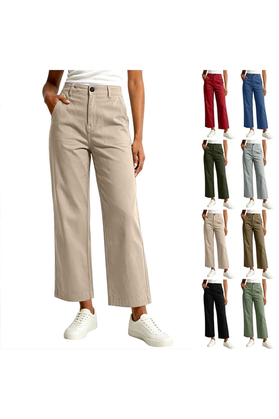 Womens High Waist Cropped Wide Leg Pants, Button Front Patch Pocket Straight Leg Casual Trousers with Elastic Back Waist