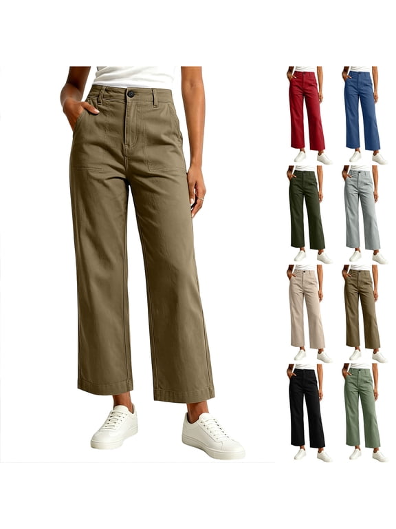Womens High Waist Cropped Wide Leg Pants, Button Front Patch Pocket Straight Leg Casual Trousers with Elastic Back Waist