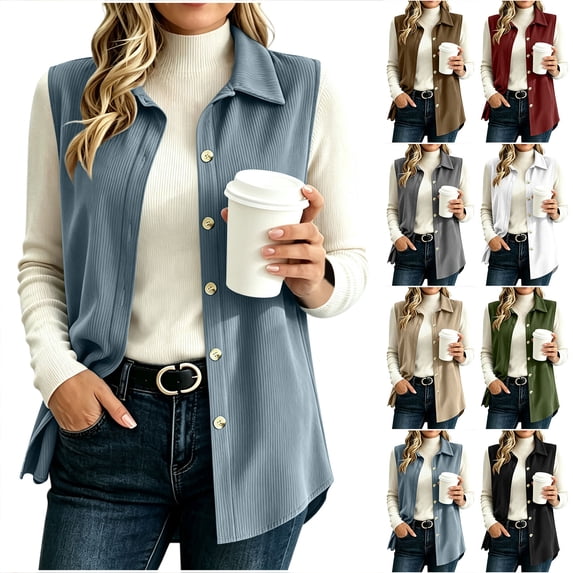 Chiccall Womens Lapel Button‑Down Corduroy Sleeveless Vest, Casual Solid Sleeveless Open‑Front Waistcoat Outerwear