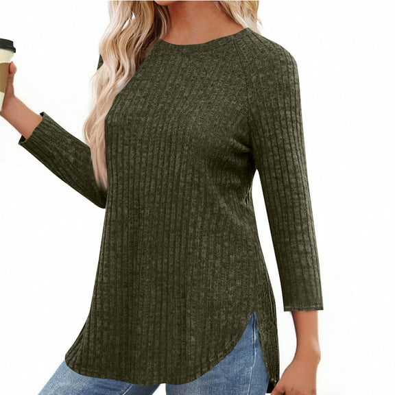 Chiccall Womens Lightweight Sweaters Fall Loose Ribbed Knit Crew Neck Side Slit Tops Blouse