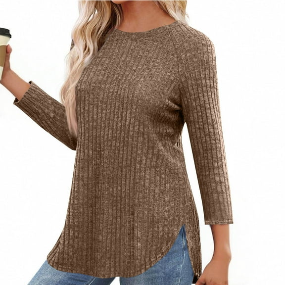 Chiccall Womens Lightweight Sweaters Fall Loose Ribbed Knit Crew Neck Side Slit Tops Blouse