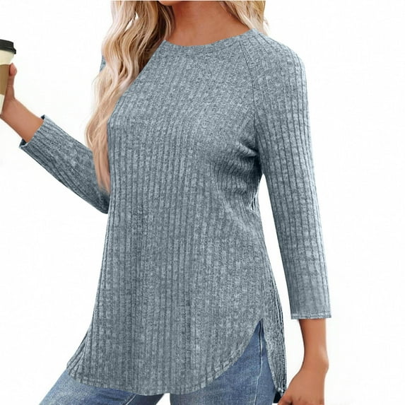 Chiccall Womens Lightweight Sweaters Fall Loose Ribbed Knit Crew Neck Side Slit Tops Blouse