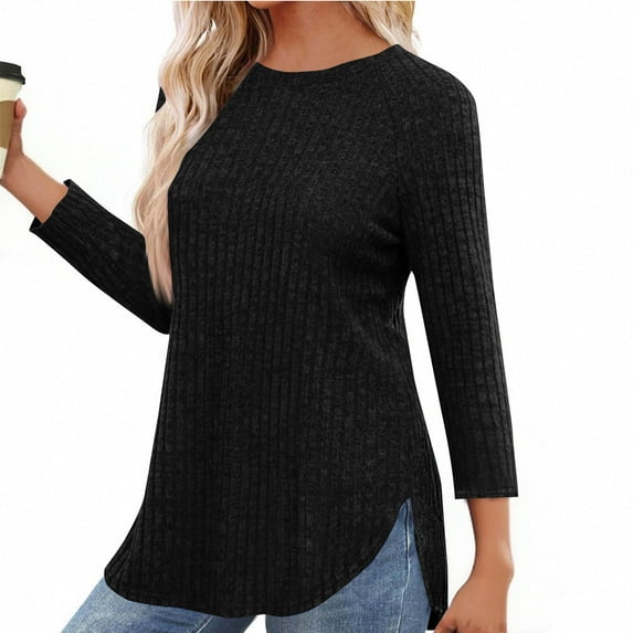 Chiccall Womens Lightweight Sweaters Fall Loose Ribbed Knit Crew Neck Side Slit Tops Blouse
