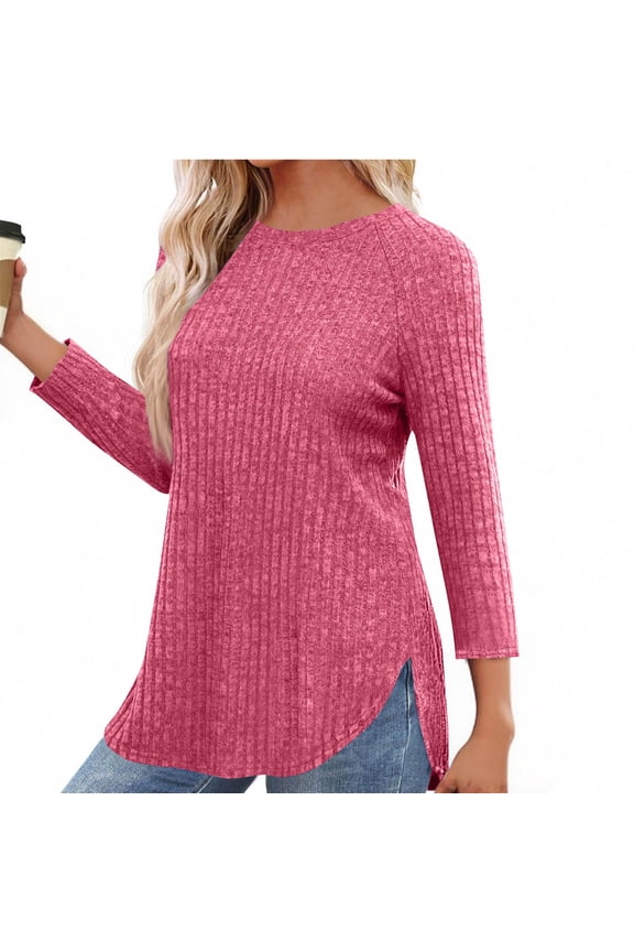 Womens Lightweight Sweaters Fall Loose Ribbed Knit Crew Neck Side Slit Tops Blouse