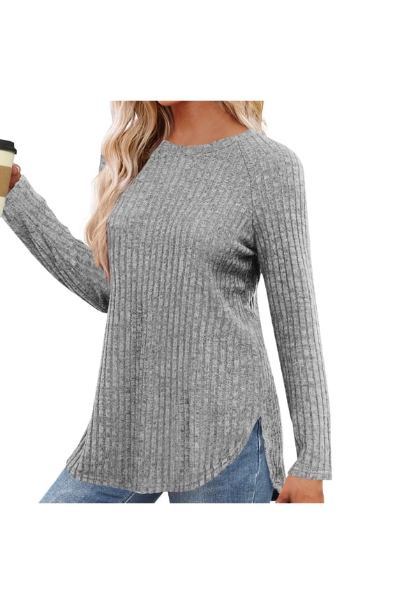Womens Long Sleeve Shirts Lightweight Comfy Stretch Sweaters Crew Neck Side Slit Casual Loose Blouse Oversized Fall Knitted Curved Hem Tunic Tops
