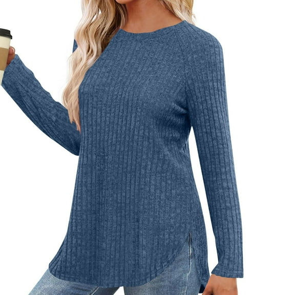 Chiccall Womens Long Sleeve Shirts Lightweight Comfy Stretch Sweaters Crew Neck Side Slit Casual Loose Blouse Oversized Fall Knitted Curved Hem Tunic Tops