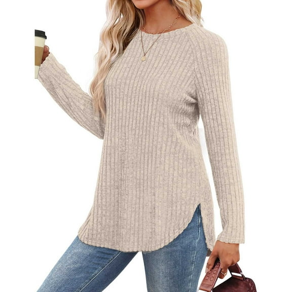 Chiccall Womens Long Sleeve Shirts Lightweight Comfy Stretch Sweaters Crew Neck Side Slit Casual Loose Blouse Oversized Fall Knitted Curved Hem Tunic Tops
