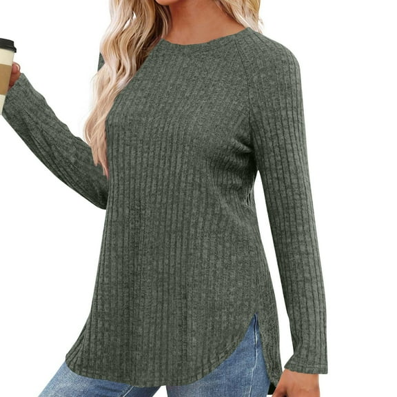 Chiccall Womens Long Sleeve Shirts Lightweight Comfy Stretch Sweaters Crew Neck Side Slit Casual Loose Blouse Oversized Fall Knitted Curved Hem Tunic Tops