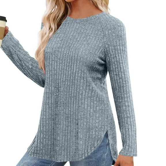 Chiccall Womens Long Sleeve Shirts Lightweight Comfy Stretch Sweaters Crew Neck Side Slit Casual Loose Blouse Oversized Fall Knitted Curved Hem Tunic Tops