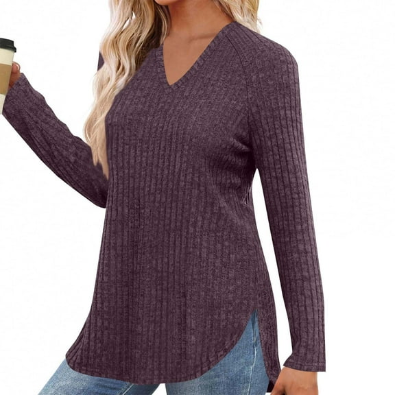 Chiccall Womens Long Sleeve Shirts Lightweight Comfy Stretch Sweaters V Neck Side Slit Casual Loose Blouse Oversized Fall Knitted Curved Hem Tunic Tops