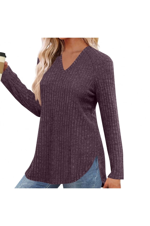 Womens Long Sleeve Shirts Lightweight Comfy Stretch Sweaters V Neck Side Slit Casual Loose Blouse Oversized Fall Knitted Curved Hem Tunic Tops