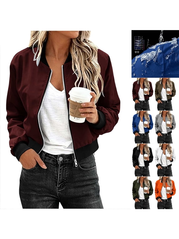 Womens Lightweight Waterproof Hiking Bomber Jacket Fashion Cropped Zip-Up Long Sleeve Outdoor Coat Top