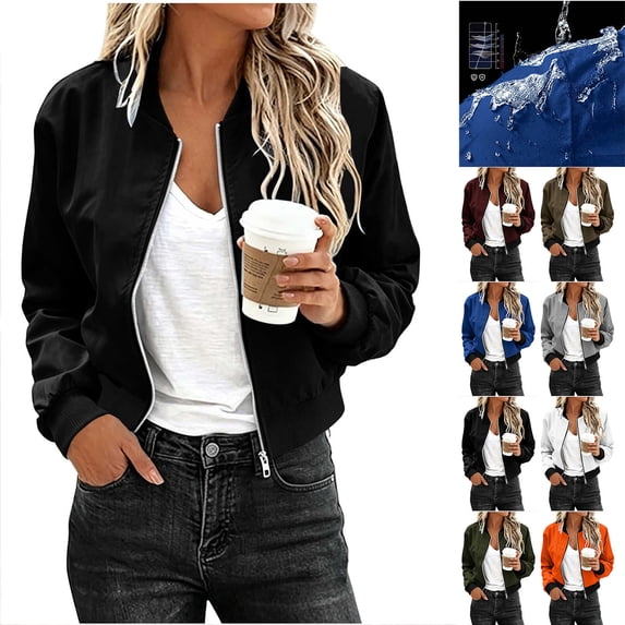 Chiccall Womens Lightweight Waterproof Hiking Bomber Jacket Fashion Cropped Zip-Up Long Sleeve Outdoor Coat Top