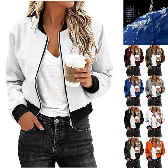 Chiccall Womens Lightweight Waterproof Hiking Bomber Jacket Fashion Cropped Zip-Up Long Sleeve Outdoor Coat Top