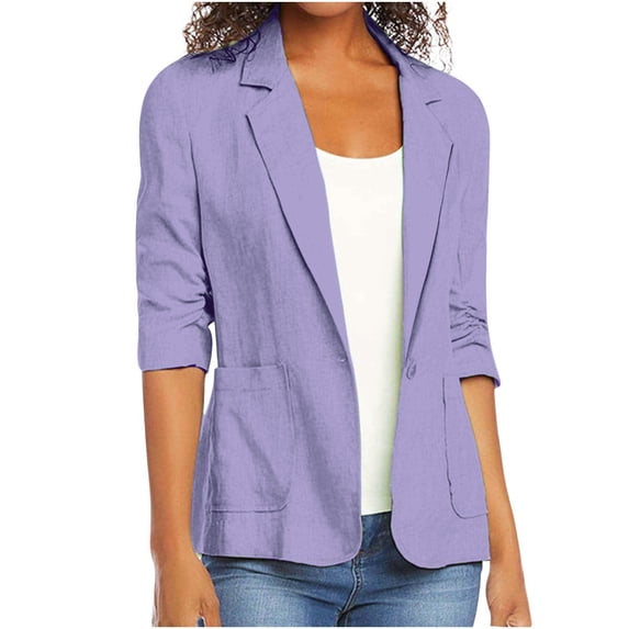 Chiccall Womens Linen Blazers One Button Casual 3/4 Sleeve Lapel Work Office Outerwear Summer Fall Plus Size Outfits with Pockets