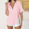 thumbnail image 1 of Chiccall Womens Linen Short Sleeve Side Slit Blouse V Neck Collared Button Down Shirts Loose Boho Summer Tops Pink XXL, 1 of 7