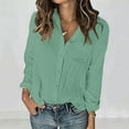 thumbnail image 1 of Chiccall Womens Long Sleeve Button Down Shirts Casual Pleated V-Neck Collared Gauze Tops Blouses with Pocket Green L, 1 of 8