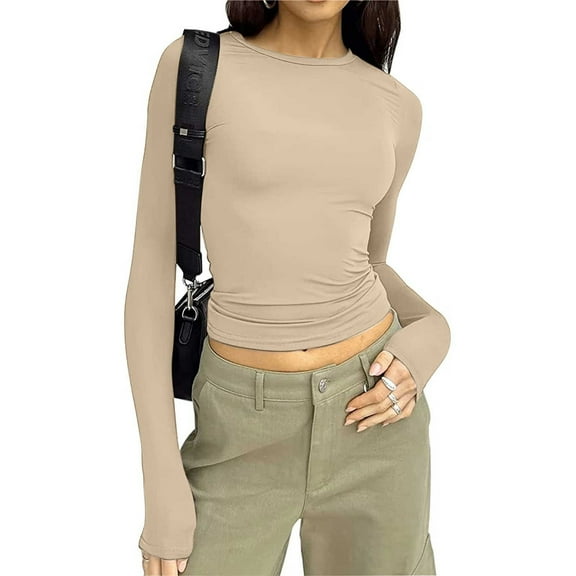 Chiccall Womens Long Sleeve T-Shirts Casual Slim Fit Crew Neck Soft Stretch Fall Tops 2025 Trendy Solid Cropped Tee Blouse
