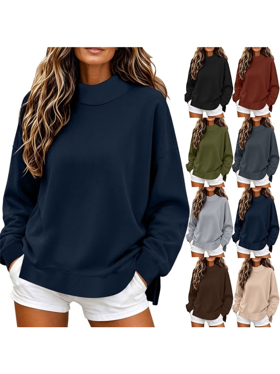 Womens Mock Neck Sweatshirt Oversized Pullover Fall Winter Fashion Long Sleeve Tops Navy S