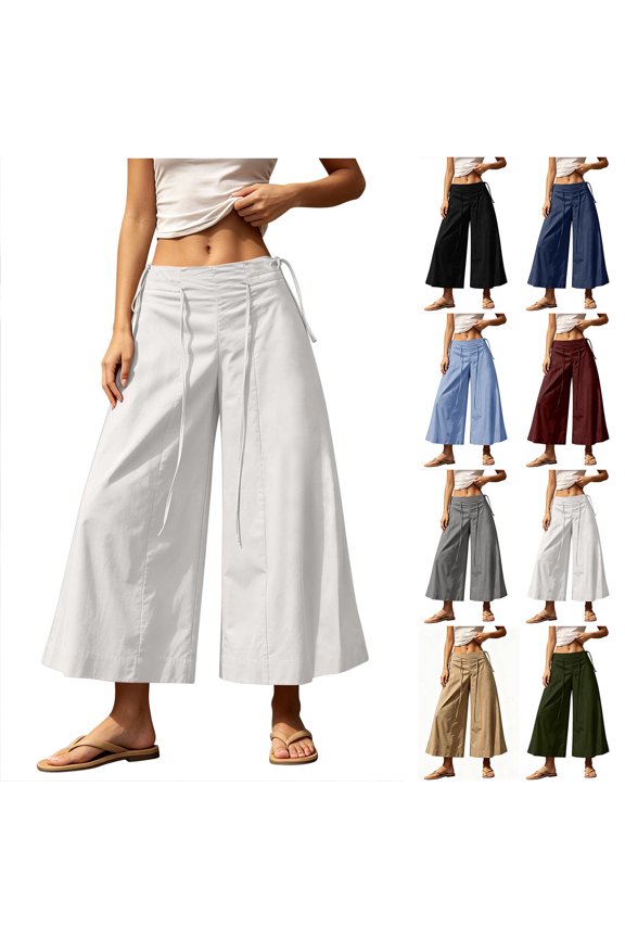 Womens Multi Tie Strap Wide Leg Pants Side Drawstring Elastic Waist Loose Cropped Trousers