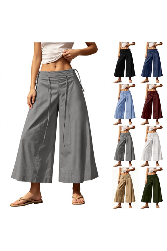 Womens Multi Tie Strap Wide Leg Pants Side Drawstring Elastic Waist Loose Cropped Trousers