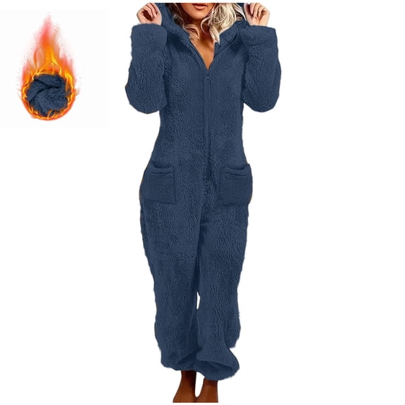Chiccall Womens One Piece Hooded Jumpsuit Long Sleeve Fuzzy Pajamas with Side Pockets Winter Rompers Sleepwear Navy L