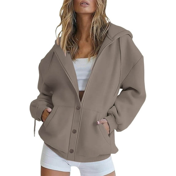 Chiccall Womens Oversized Button Down Hoodies Loose Long Sleeve Sweatshirt Casual Solid V-Neck Jackets with Pockets Coffee XXL