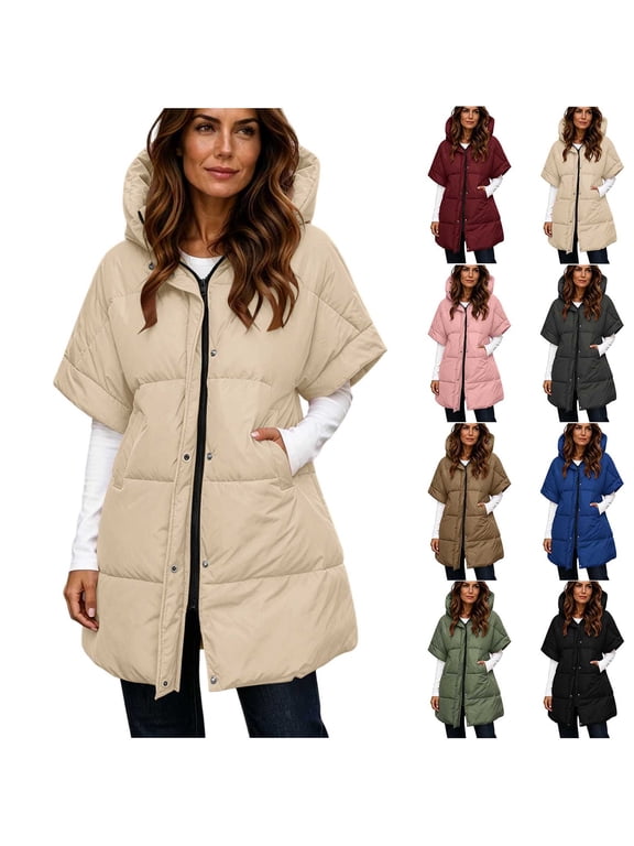 Womens Oversized Puffer Vest Fall Winter Fashion Full Zip Short Sleeve Quilted Padded Warm Coat Outwear