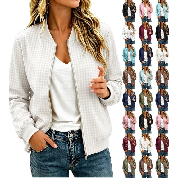 Chiccall Womens Plaid Bomber Jacket Fashion Zip‑Up Long Sleeve Loose Casual Coat Lightweight Outerwear White 2XL