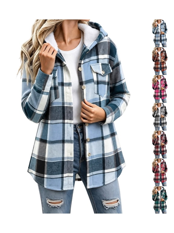 Womens Plaid Fleece Lined Hooded Shacket, Button Down Long Sleeve Flannel Jacket with Chest Pockets, Casual Warm Plushy Hooded Outerwear Blue M