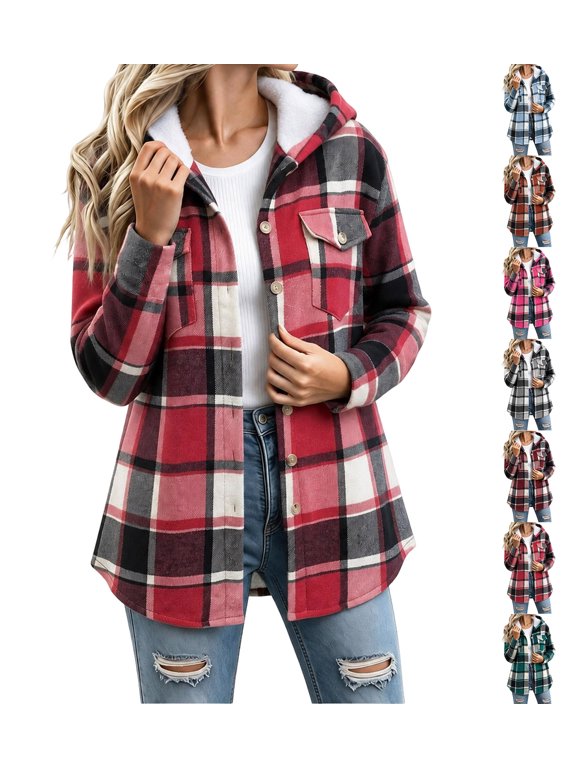 Womens Plaid Fleece Lined Hooded Shacket, Button Down Long Sleeve Flannel Jacket with Chest Pockets, Casual Warm Plushy Hooded Outerwear Hot Pink XL